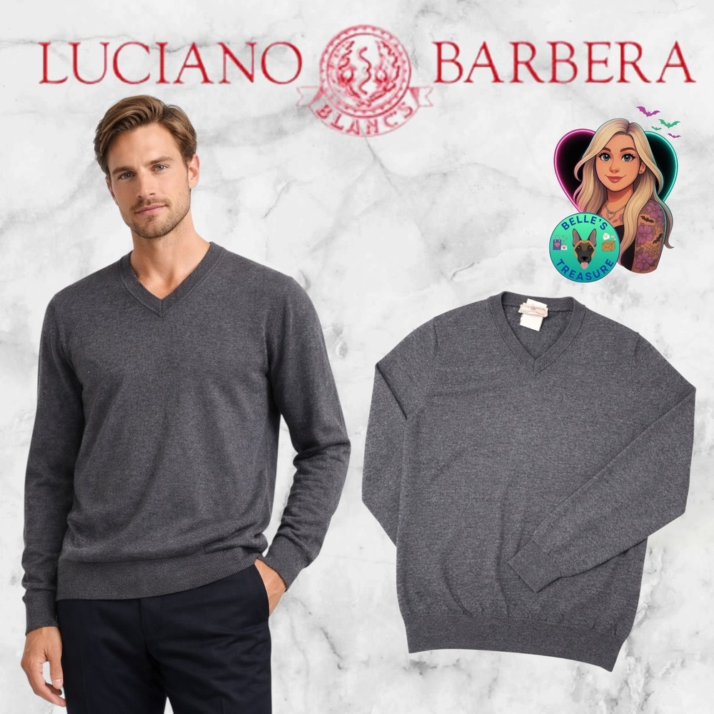 Luciano Barbera Men's Medium Dark Grey 100% Wool V-Neck Sweater Made in Italy **